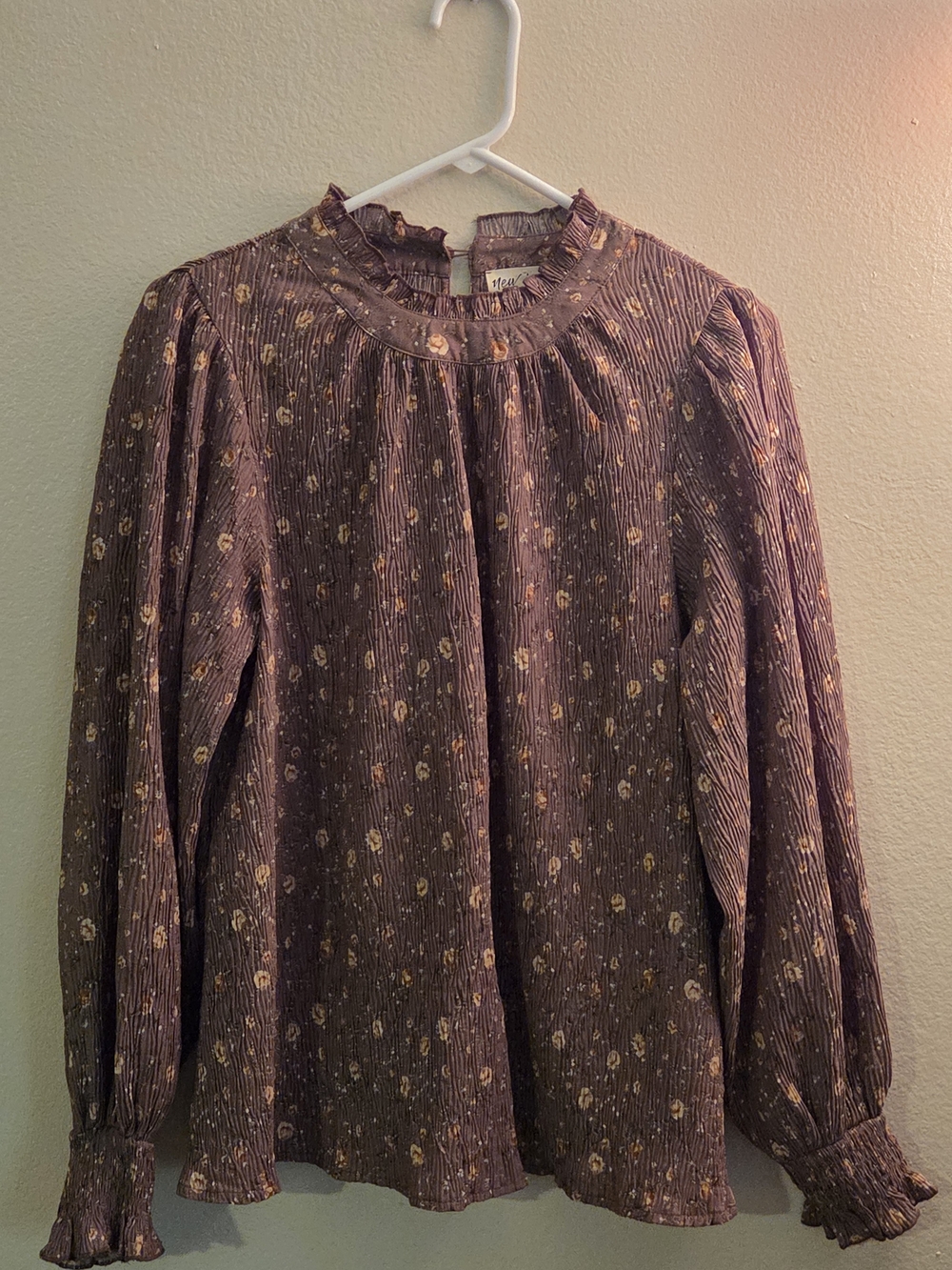 Smocked-Neck Floral Long-Sleeve Blouse in Brown